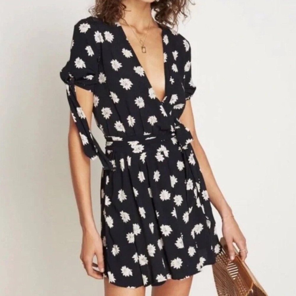 Faithfull The Brand Oslo Mini Wrap Dress  | Black/Ivory Floral | Size 2
